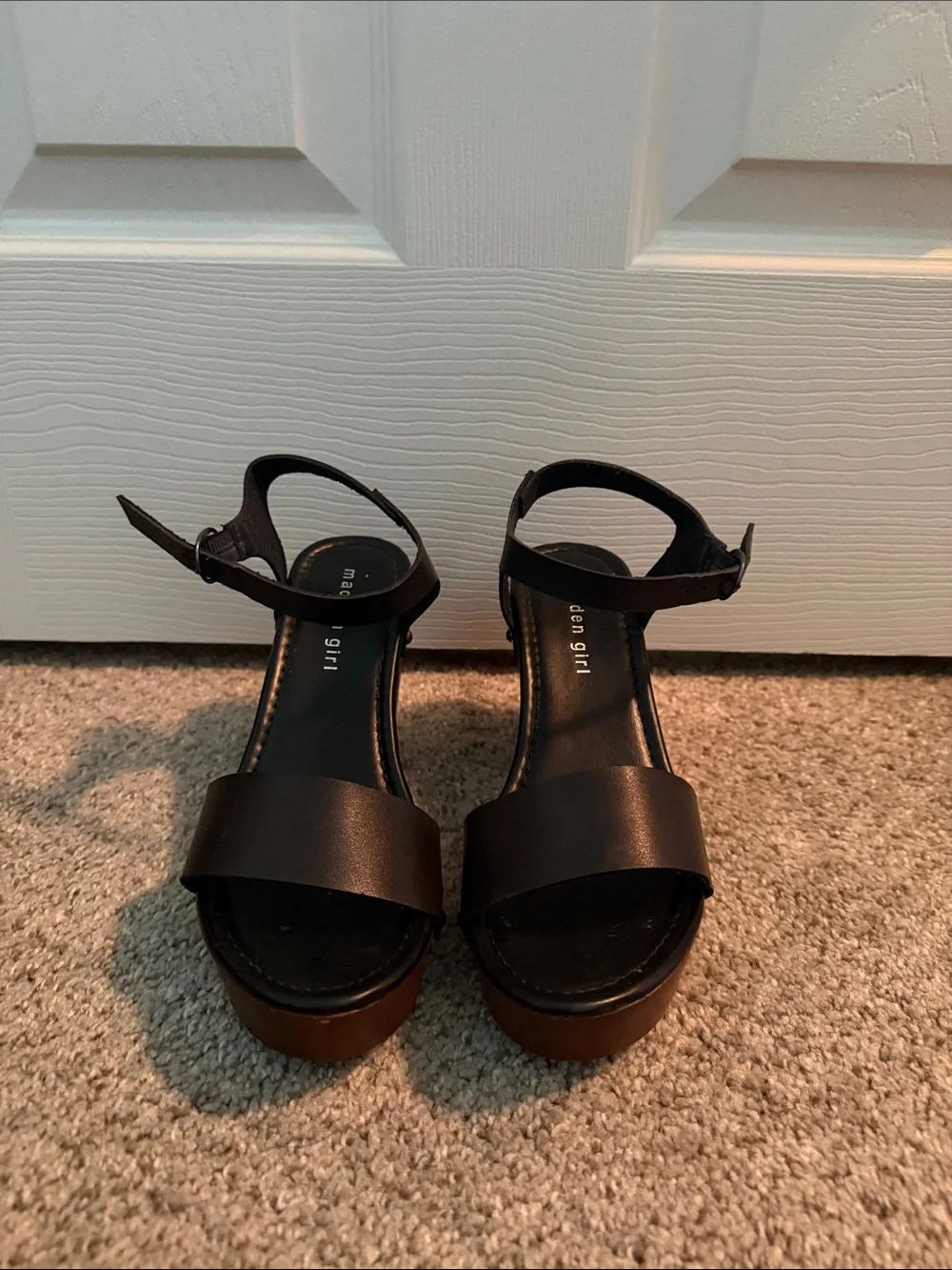 Madden Girl Black Leather Platform Sandals with Wood-Look Heel